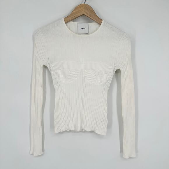 AKNVAS Faye Knit Top Crew Neck Corset Stitch Bustier Ribbed Long Sleeve, White - Picture 5 of 16